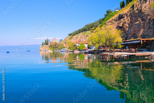 Lake Ohrid, North Macedonia, April 13 2024. Mountain range and peninsula in distance. Ohrid Lake, Macedonia, Europe. The clear mesmerizing waters of lake Ohrid with a beautiful view. 