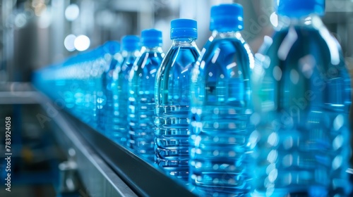 Closeup on mineral water bottles in lines at the factory.