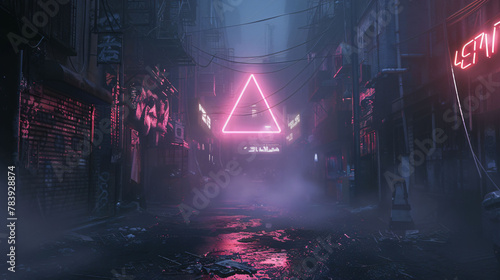 Hyperrealistic dark city scene with striking neon triangle illumination. Perfect for futuristic or urban-themed projects.