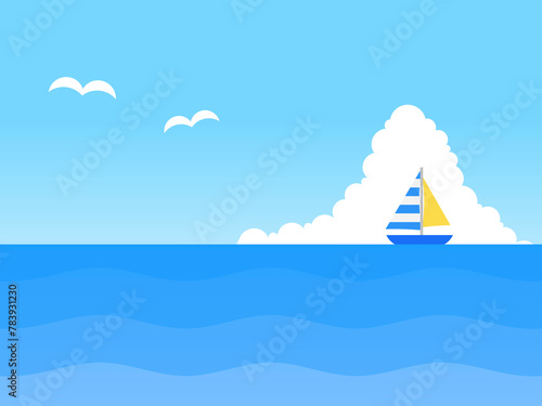 グラデーション空と海とヨットとカモメと入道雲背景A：青