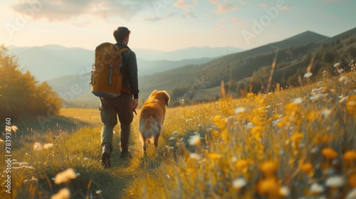 Man and dog climbing beautiful mountain. Man using tourist backpack hiking in spring wild field.