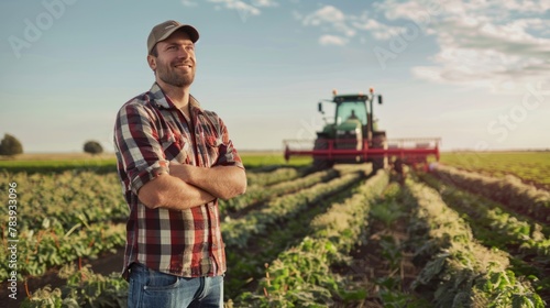 Happy farmer with folded arms in front of tractor plowing field. Modern farming and equipment concept.