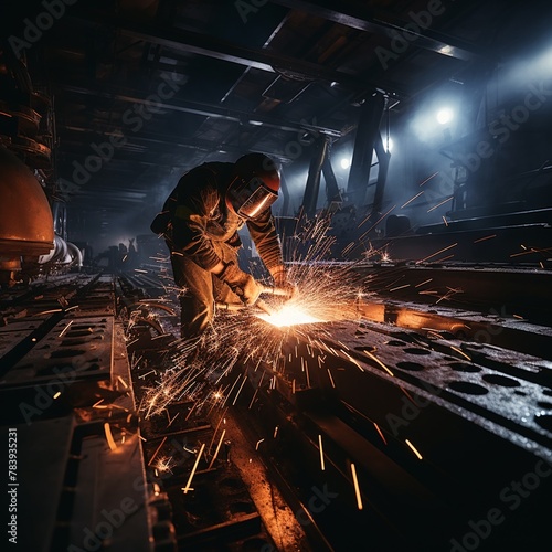 Steel girder being cut, sparks flying, close-up, high contrast, night scene, high detailed