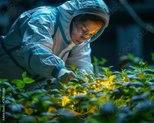 Scientist in a biohazard suit carefully handling a glowing plant sample, hinting at the potential of natural products in drug discovery Space for text or title, copy space
