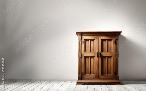 Vorlage Hintergrund zur Gestaltung alter Holzschrank Kommode geschlossen vor heller weißer Wand auf einem beleuchteten weißen Boden, rustikal alt, wie ein 3D Bild von Inneneinrichtung Wohnzimmer