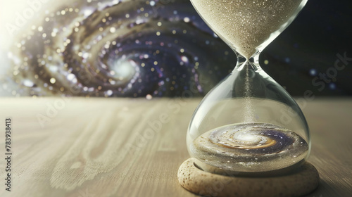 Double exposure of an hourglass with grains of sand forming a galaxy, representing the passage of time and the vastness of the universe