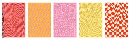 Set of five groovy backgrounds. Vintage greeting card with checked patterns in trendy retro 60s, 70s style.