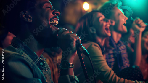 Professional Stock Photography, double exposure style, A group of people attend a comedy show at a local club