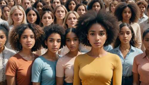A diverse crowd of women with one in yellow standing out, symbolizing unity and individuality.