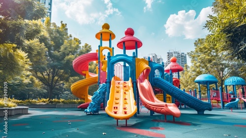 Children playground in a city park, colorful equipment, kids playing joyfully, safe and fun