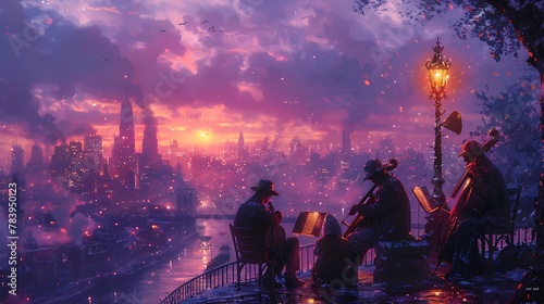 As twilight falls, a group of street musicians gathers beneath a flickering streetlight, their harmonies rising and falling like waves against the backdrop of the urban skyline.
