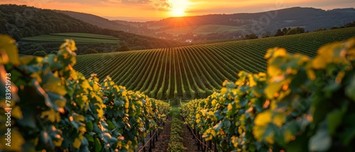 An elegant vineyard at sunset, grapevines in rows, a tasting event, picturesque, and inviting scene