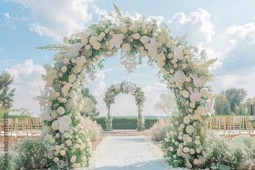 An outdoor garden adorned with a floral arch hosted an elegant guest seated at a romantic and festive wedding setup