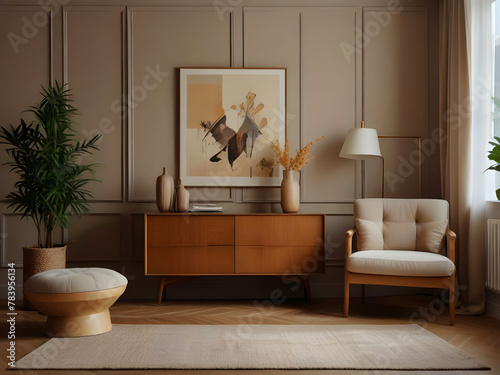 Stylish composition of modern cozy living room interior with structure painting , beige armchair, wooden vintage commode and personal accessories. Creative wall, carpet on the parquet floor. Template.
