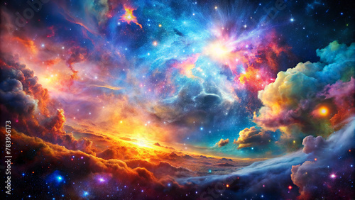 Vibrant clouds and bright celestial objects populate the breathtaking scene, which combines the beauty of a sunset with the wonders of a star-filled cosmos. AI generated.