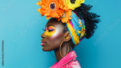  A striking woman with vibrant makeup and a colorful headwrap poses against a turquoise backdrop, exuding a modern, avant-garde style.