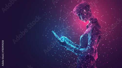 Abstract digital businessman with tablet uses chatbot app. Concept of Artificial Intelligence and technology innovation in the modern business world. Futuristic low poly wireframe