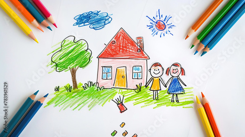 children's drawing with colored pencils on white