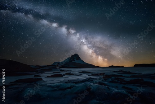 Starry fantasy landscape with night sky illuminated by Milky Way