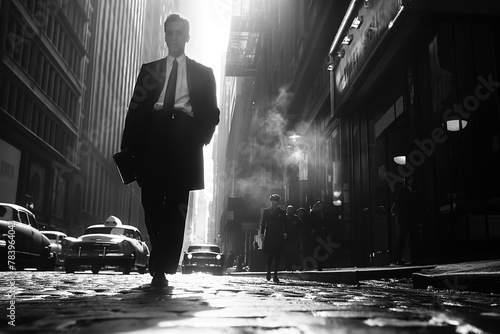 Silhouetted businessman walking on busy city street in vintage noir style. Atmospheric urban scene with steam rising from ground. Retro black and white image evoking nostalgia and mystery spying agent