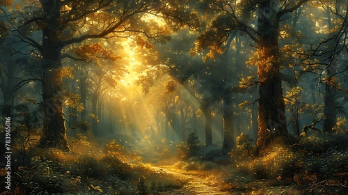 Explore the mystique of an ancient forest bathed in the golden hues of dawn, where sunlight filters through lush foliage