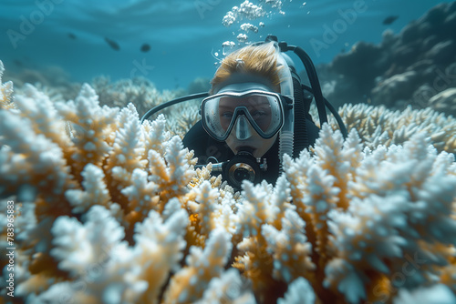A coral restoration project underway to rehabilitate damaged reef ecosystems. Scuba diver exploring vibrant coral reef in underwater natural environment