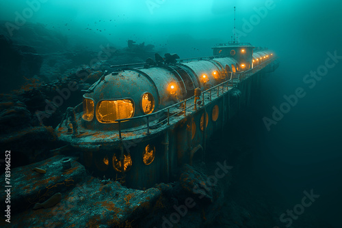 An underwater research base serving as a hub for oceanographic research. A submarine sits atop a dock in the underwater world