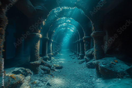 An underwater tunnel providing access to an expansive underwater cave system. an underwater tunnel with columns and arches in the ocean