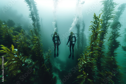 A group of divers exploring a pristine kelp forest teeming with marine life. Two divers exploring an underwater forest of seaweed in an Ecoregion landscape