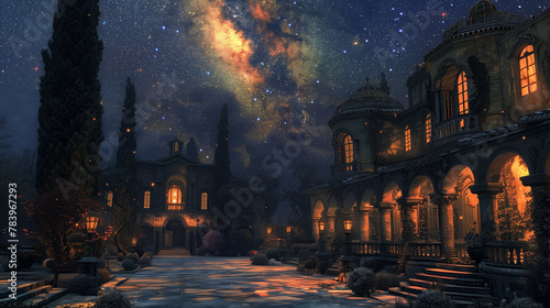 A digital rendition of a grand medieval palace courtyard, adorned with intricate antique pillars under a starlit sky-1