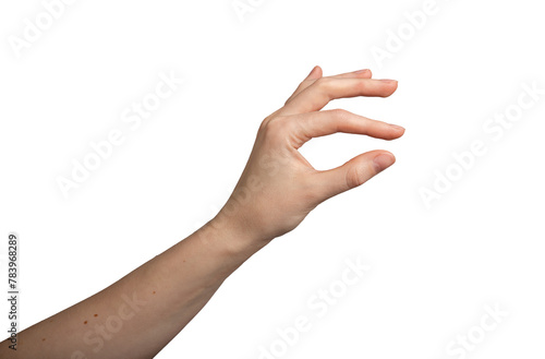 Hand gesture, fingers showing something, holding something small, little, tiny isolated on white