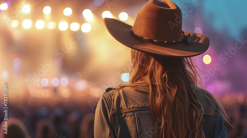 Young American woman fan of country music attending a country music concert. Back view of a woman wearing a cowboy hat and copy space for text or logo. 