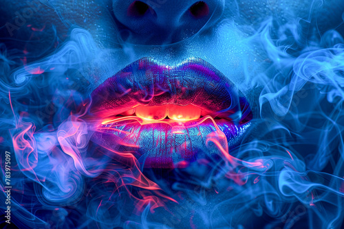 A close-up of vibrant neon-lit lips, surrounded by swirls of smoke, emanating allure and mystery.