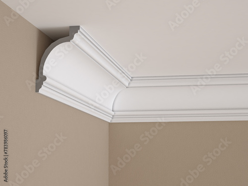 Part of the interior with a white ceiling cornice and beige wallpaper. 3D Render.