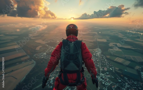 A man in a red jumpsuit is flying through the air. The sky is orange and the sun is setting