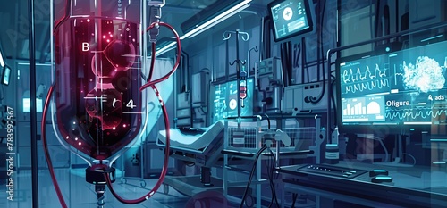 A close-up of an IV bag filled with red fluid in a hospital room with medical equipment such as a monitor showing a heartbeat or a technologically innovative digital hologram icon floating above it