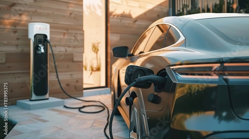 An EV hybrid car being charged next to a car charging machine