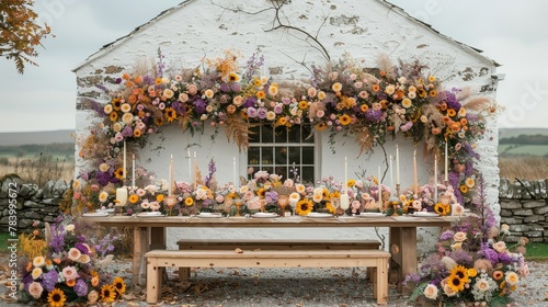  A table laden with flowers, candidly accompanied by a bench adorned with candles and blooms