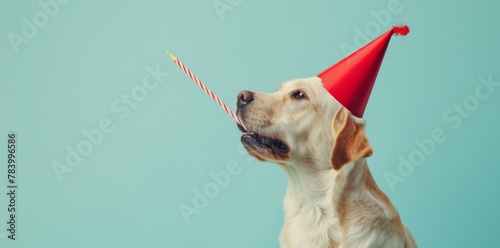 Adorable yellow labrador retriever celebrating with a party hat and blowing a noise maker