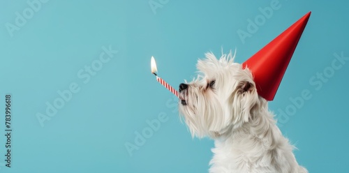 Festive little white terrier dog wearing a party hat with a lit birthday candle