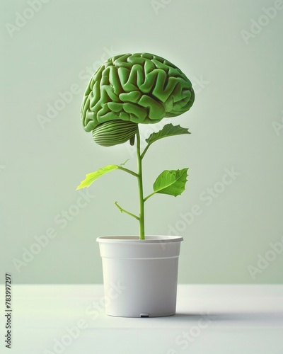 Conceptual brainshaped plant growing upwards, representing innovation, growth, and intellectual cultivation ar 43