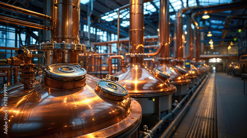 Shiny copper distillation tanks lined up inside a beer production plant.