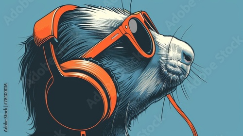  A drawing of a cat wearing headphones with one ear and the nose covered