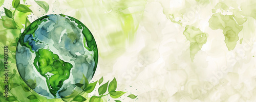 Artistic watercolor illustration of planet Earth and green leaves. World globe background with copy space. Environmental sustainability awareness campaigns, eco-friendly posters, or Earth Day banner