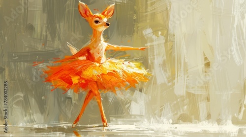  A painting of a deer wearing an orange tutu and a yellow dress, accessorized with a bow on its head