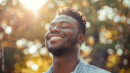 A happy black man smiles, his eyes closed, as he enjoys the fresh air in a park.
