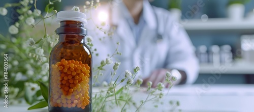 Bottle of homeopathic medicine pellets with a blurred doctor Homeopath in the background. Homeopathic globules. Concept of Homeopathy treatment, alternative medicine, organic apothecary, naturopathy.