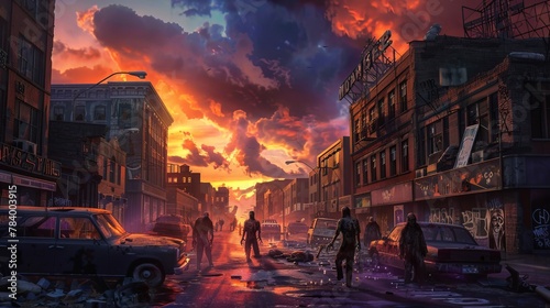 Dystopian sunrise over a zombie-infested city. Half-ruined, abandoned urban landscape. Concept of zombie apocalypse, survival horror, desolate cities, and eerie morning light.
