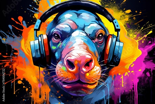 The Hippopotamus with headphone is colorful Splash Art