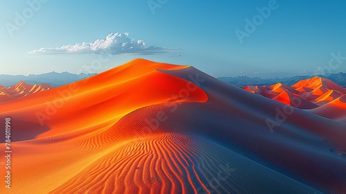  A vast expanse of sand dunes, towering mountains in the backdrop, and a clear blue sky punctuated by distant clouds